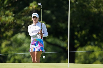 Gaby Lopez watches as her ball approaches the hole at the 2022 Kroger Queen City Championship golf tournament on Friday September 9, 2022 at the Kenwood Country Club in Madeira, Ohio.