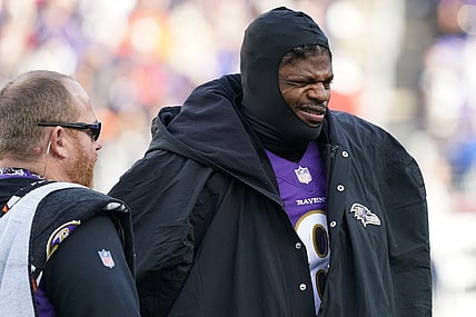 Dec 4, 2022; Baltimore, Maryland, USA; Baltimore Ravens quarterback Lamar Jackson (8) reacts on the sideline in the second quarter after being sacked against the Denver Broncos at M&T Bank Stadium. Mandatory Credit: Mitch Stringer-USA TODAY Sports