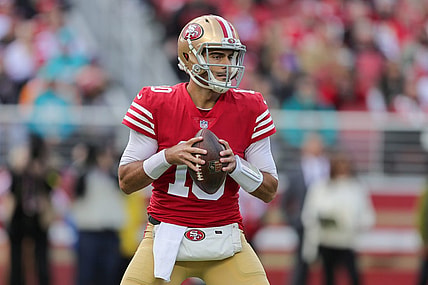 Dec 4, 2022; Santa Clara, California, USA; San Francisco 49ers quarterback Jimmy Garoppolo (10) during the game against the Miami Dolphins at Levi's Stadium. Mandatory Credit: Sergio Estrada-USA TODAY Sports