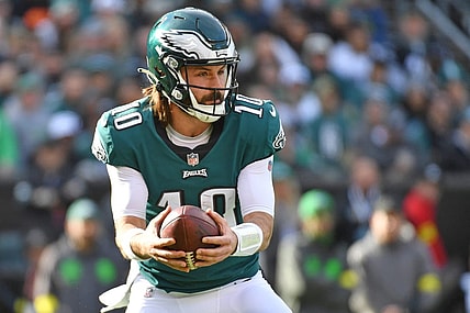 Jan 1, 2023; Philadelphia, Pennsylvania, USA; Philadelphia Eagles quarterback Gardner Minshew (10) against the New Orleans Saints at Lincoln Financial Field. Mandatory Credit: Eric Hartline-USA TODAY Sports
