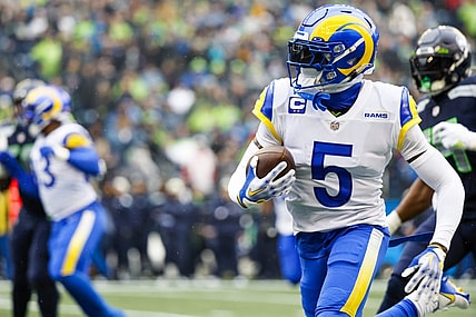 Jan 8, 2023; Seattle, Washington, USA; Los Angeles Rams cornerback Jalen Ramsey (5) returns an interception against the Seattle Seahawks during the first quarter at Lumen Field. Mandatory Credit: Joe Nicholson-USA TODAY Sports