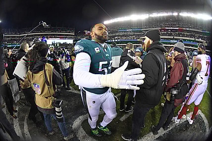 Jan 21, 2023; Philadelphia, Pennsylvania, USA; Philadelphia Eagles defensive end Brandon Graham (55) on the field after win against the New York Giants during an NFC divisional round game at Lincoln Financial Field. Mandatory Credit: Eric Hartline-USA TODAY Sports