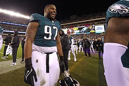 Jan 29, 2023; Philadelphia, Pennsylvania, USA; Philadelphia Eagles defensive tackle Javon Hargrave (97)  on the field after win against the San Francisco 49ers in the NFC Championship game at Lincoln Financial Field. Mandatory Credit: Bill Streicher-USA TODAY Sports