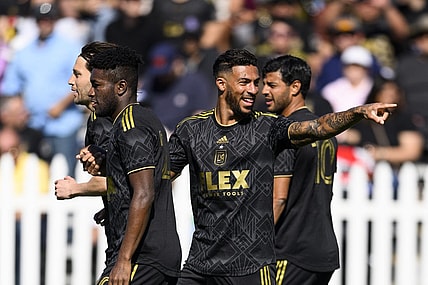Feb 11, 2023; Indio, CA, USA; LAFC Denis Bouanga celebrates his goal against Toronto FC at Empire Polo Club. Mandatory Credit: Kelvin Kuo-USA TODAY Sports