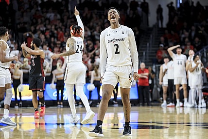 Feb 22, 2023; Cincinnati, Ohio, USA;  Cincinnati Bearcats guard Landers Nolley II (2) reacts after making a basket in the game against the Temple Owls in overtime at Fifth Third Arena. Mandatory Credit: Aaron Doster-USA TODAY Sports
