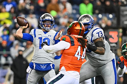 Feb 23, 2023; Seattle, WA, USA; St. Louis Battlehawks quarterback AJ McCarron (10) passes the ball against the Seattle Sea Dragons during the first half at Lumen Field. Mandatory Credit: Steven Bisig-USA TODAY Sports