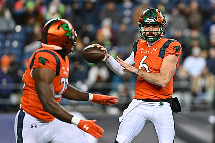 Feb 23, 2023; Seattle, WA, USA; Seattle Sea Dragons quarterback Ben DiNucci (6) and Seattle Sea Dragons running back Morgan Ellison (25) during the second half at Lumen Field. St. Louis defeated Seattle 20-18. Mandatory Credit: Steven Bisig-USA TODAY Sports