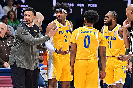 Mar 1, 2023; South Bend, Indiana, USA; Pittsburgh Panthers head coach Jeff Capel argues with an official after a technical foul was called on forward Blake Hinson (2) in the first half against the Notre Dame Fighting Irish at the Purcell Pavilion. Mandatory Credit: Matt Cashore-USA TODAY Sports