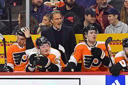 Mar 1, 2023; Philadelphia, Pennsylvania, USA; Philadelphia Flyers head coach John Tortorella behind the bench against the New York Rangers during the first period at Wells Fargo Center. Mandatory Credit: Eric Hartline-USA TODAY Sports