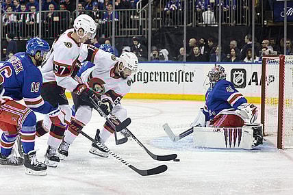 Mar 2, 2023; New York, New York, USA; Ottawa Senators center Derick Brassard (61) scores a goal past New York Rangers goaltender Jaroslav Halak (41) during the third period at Madison Square Garden. Mandatory Credit: Vincent Carchietta-USA TODAY Sports