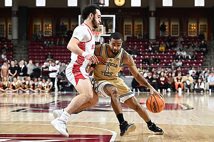Mar 4, 2023; Chestnut Hill, Massachusetts, USA; Georgia Tech Yellow Jackets guard Kyle Sturdivant (1) drives to the basket against Boston College Eagles guard Jaeden Zackery (3) during the first half at the Conte Forum. Mandatory Credit: Brian Fluharty-USA TODAY Sports