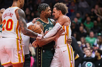 Mar 11, 2023; Atlanta, Georgia, USA; Boston Celtics guard Marcus Smart (36) gets in the face of Atlanta Hawks guard Trae Young (11) in the second half at State Farm Arena. Mandatory Credit: Brett Davis-USA TODAY Sports