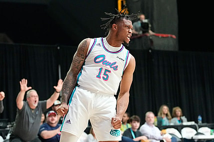 Mar 11, 2023; Frisco, TX, USA;  Florida Atlantic Owls guard Alijah Martin (15) celebrates after scoring a basket against the UAB Blazers during the second half at Ford Center at The Star. Mandatory Credit: Chris Jones-USA TODAY Sports