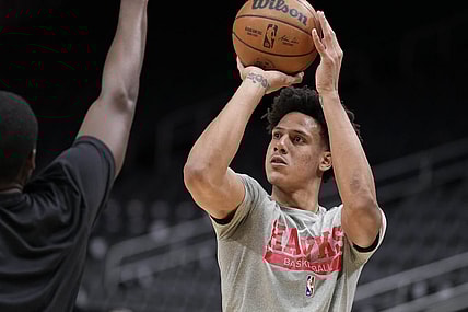 Mar 13, 2023; Atlanta, Georgia, USA; Atlanta Hawks forward Jalen Johnson (1) warms up prior to the game against the against the Minnesota Timberwolves at State Farm Arena. Mandatory Credit: Dale Zanine-USA TODAY Sports