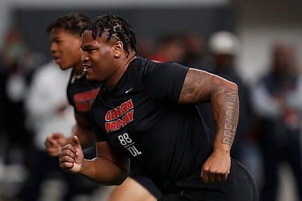 Georgia defensive lineman Jalen Carter (88) and Georgia linebacker Nolan Smith (4) run a drill during UGA Pro Day in Athens, Ga., on Wednesday, March 15, 2023.

News Joshua L Jones