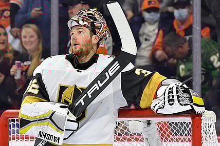 Mar 14, 2023; Philadelphia, Pennsylvania, USA; Vegas Golden Knights goaltender Jonathan Quick (32) against the Philadelphia Flyers at Wells Fargo Center. Mandatory Credit: Eric Hartline-USA TODAY Sports