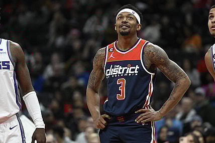 Mar 18, 2023; Washington, District of Columbia, USA; Washington Wizards guard Bradley Beal (3) looks on against the Sacramento Kings during the second half at Capital One Arena. Mandatory Credit: Brad Mills-USA TODAY Sports