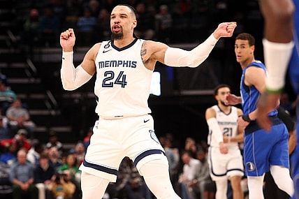 Mar 20, 2023; Memphis, Tennessee, USA; Memphis Grizzlies forward Dillon Brooks (24) reacts toward the the Dallas Mavericks bench after a basket during the second half at FedExForum. Mandatory Credit: Petre Thomas-USA TODAY Sports