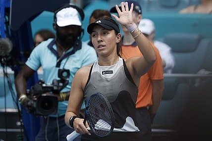 Mar 23, 2023; Miami, Florida, US; Jessica Pegula (USA) waves to the crowd after her match against Katherine Sebov (CAN) (not pictured) on day four of the Miami Open at Hard Rock Stadium. Mandatory Credit: Geoff Burke-USA TODAY Sports