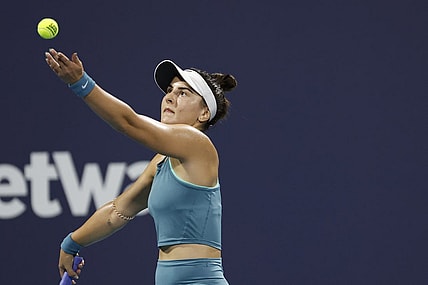 Mar 27, 2023; Miami, Florida, US; Bianca Andreescu (CAN) serves against Ekaterina Alexandrova (not pictured) on day eight of the Miami Open at Hard Rock Stadium. Mandatory Credit: Geoff Burke-USA TODAY Sports