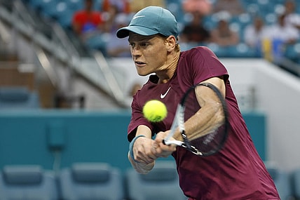 Mar 29, 2023; Miami, Florida, US; Jannik Sinner (ITA) hits a backhand against Emil Ruusuvuori (FIN) (not pictured) in a men's singles quarterfinal on day ten of the Miami Open at Hard Rock Stadium. Mandatory Credit: Geoff Burke-USA TODAY Sports