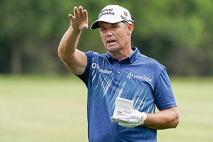 Mar 30, 2023; San Antonio, Texas, USA; Padraig Harrington prepares to play his second shot on the eighth hole during the first round of the Valero Texas Open golf tournament. Mandatory Credit: Raymond Carlin III-USA TODAY Sports