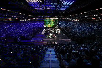 Aug 25, 2019; Detroit, MI, USA; Team Liquid (center left) competes against Cloud9 (center right) during the LCS Summer Finals event at Little Caesars Arena. Mandatory Credit: Raj Mehta-USA TODAY Sports