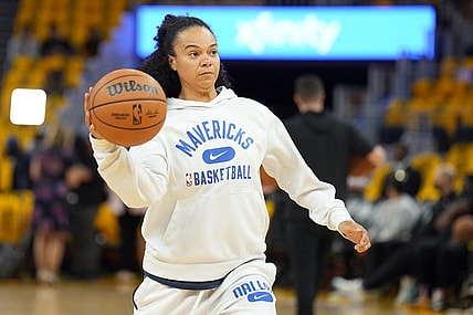 May 18, 2022; San Francisco, California, USA; Dallas Mavericks assistant coach Kristi Toliver before game one of the 2022 western conference finals against the Golden State Warriors at Chase Center. Mandatory Credit: Darren Yamashita-USA TODAY Sports