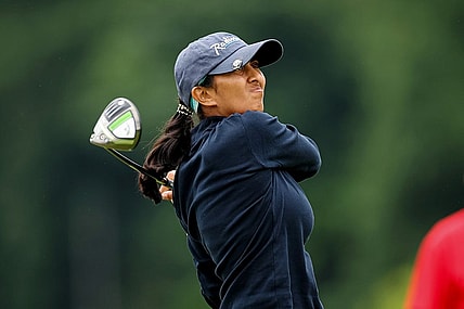 Jun 23, 2022; Bethesda, Maryland, USA; Aditi Ashok plays her shot from the 16th tee during the first round of the KPMG Women's PGA Championship golf tournament at Congressional Country Club. Mandatory Credit: Scott Taetsch-USA TODAY Sports