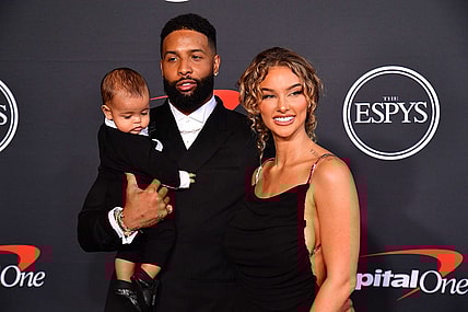 Jul 20, 2022; Los Angeles, CA, USA; NFL football player Odell Beckham Jr. and partner Lauren Wood with son Zydn arrive at the Red Carpet for the 2022 ESPY at Dolby Theater. Mandatory Credit: Gary A. Vasquez-USA TODAY Sports