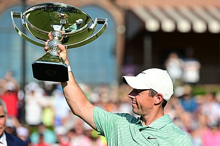 Aug 28, 2022; Atlanta, Georgia, USA; Rory McIlroy holds up the FedEx Cup trophy after winning the TOUR Championship golf tournament. Mandatory Credit: Adam Hagy-USA TODAY Sports