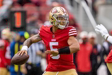September 18, 2022; Santa Clara, California, USA; San Francisco 49ers quarterback Trey Lance (5) during the first quarter against the Seattle Seahawks at Levi's Stadium. Mandatory Credit: Kyle Terada-USA TODAY Sports