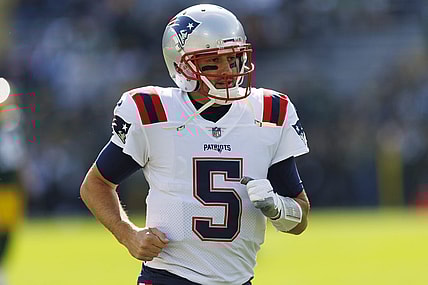 Oct 2, 2022; Green Bay, Wisconsin, USA;  New England Patriots quarterback Brian Hoyer (5) during warmups prior to the game against the Green Bay Packers at Lambeau Field. Mandatory Credit: Jeff Hanisch-USA TODAY Sports