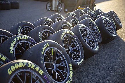 Nov 4, 2022; Avondale, Arizona, USA; Detailed view of single lug nut wheels and tires for NASCAR Cup Series cars during practice for the NASCAR championship race at Phoenix Raceway. Mandatory Credit: Mark J. Rebilas-USA TODAY Sports