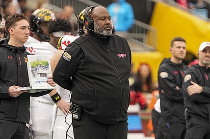 Dec 30, 2022; Charlotte, NC, USA; Maryland Terrapins head coach Mike Locksley on the sidelines during the second half against the North Carolina State Wolfpack in the 2022 Duke's Mayo Bowl at Bank of America Stadium. Mandatory Credit: Jim Dedmon-USA TODAY Sports