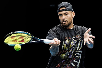 Jan 15, 2023; Melbourne, Victoria, Australia; Nick Kyrgios of Australia hits a shot during a practice session on court 16 at Melbourne Park. Mandatory Credit: Mike Frey-USA TODAY Sports