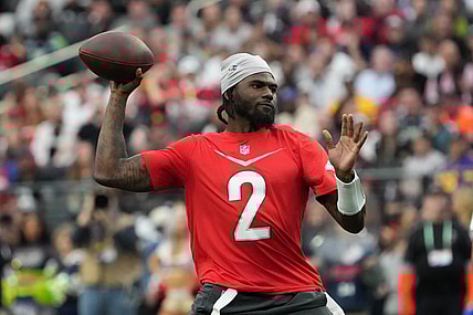 Feb 5, 2023; Paradise, Nevada, USA; AFC quarterback Tyler Huntley of the Baltimore Ravens (2) throws the ball against the NFC during the Pro Bowl Games at Allegiant Stadium. Mandatory Credit: Kirby Lee-USA TODAY Sports