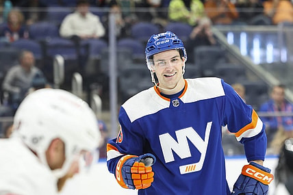 Feb 14, 2023; Elmont, New York, USA; New York Islanders center Mathew Barzal (13) reacts during the second period of a game against the Ottawa Senators at UBS Arena. Mandatory Credit: Jessica Alcheh-USA TODAY Sports