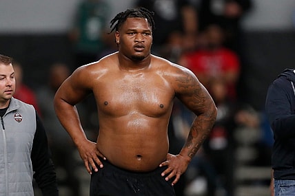Georgia defensive lineman Jalen Carter (88) takes a break during UGA Pro Day in Athens, Ga., on Wednesday, March 15, 2023.

News Joshua L Jones