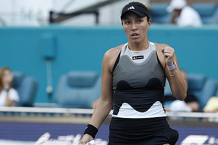 Mar 25, 2023; Miami, Florida, US; Jessica Pegula (USA) reacts after winning a point against Danielle Collins (USA) (not pictured) on day six of the Miami Open at Hard Rock Stadium. Mandatory Credit: Geoff Burke-USA TODAY Sports