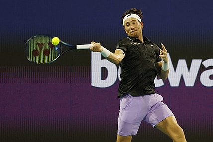 Mar 26, 2023; Miami, Florida, US; Casper Ruud (NOR) hits a forehand against Botic van de Zandschulp (NED) (not pictured) on day seven of the Miami Open at Hard Rock Stadium. Mandatory Credit: Geoff Burke-USA TODAY Sports