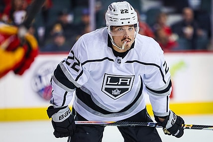 Mar 28, 2023; Calgary, Alberta, CAN; Los Angeles Kings left wing Kevin Fiala (22) against the Calgary Flames during the first period at Scotiabank Saddledome. Mandatory Credit: Sergei Belski-USA TODAY Sports