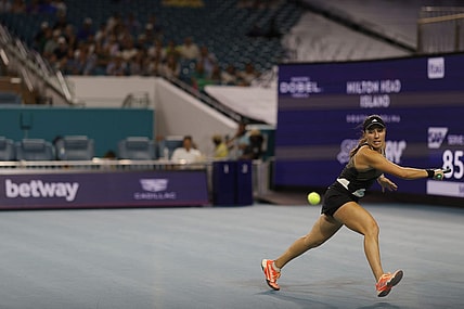 Mar 30, 2023; Miami, Florida, US; Jessica Pegula (USA) hits a backhand against Elena Rybakina (KAZ) (not pictured) in a women's singles semifinal on day eleven of the Miami Open at Hard Rock Stadium. Mandatory Credit: Geoff Burke-USA TODAY Sports