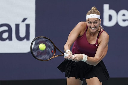 Apr 1, 2023; Miami, Florida, US; Petra Kvitova (CZE) hits a backhand against Elena Rybakina (KAZ) (not pictured) in the women's singles final on day thirteen of the Miami Open at Hard Rock Stadium. Mandatory Credit: Geoff Burke-USA TODAY Sports
