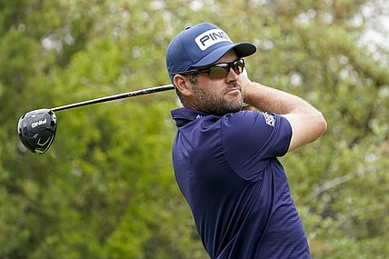 Apr 2, 2023; San Antonio, Texas, USA; Corey Conners plays his shot from the first tee during the final round of the Valero Texas Open golf tournament. Mandatory Credit: Raymond Carlin III-USA TODAY Sports