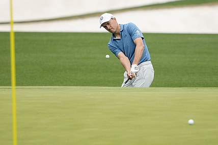Apr 3, 2023; Augusta, Georgia, USA; Jordan Spieth chips balls at the practice facility during a practice round for The Masters golf tournament at Augusta National Golf Club. Mandatory Credit: Michael Madrid-USA TODAY Network