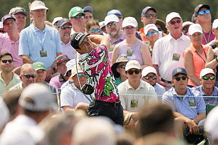 Apr 6, 2023; Augusta, Georgia, USA; Viktor Hovland tees off on the eighth hole during the first round of The Masters golf tournament. Mandatory Credit: Michael Madrid-USA TODAY Network
