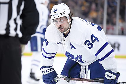Apr 6, 2023; Boston, Massachusetts, USA; Toronto Maple Leafs center Auston Matthews (34) gets ready for a face-off during the second period against the Boston Bruins at TD Garden. Mandatory Credit: Bob DeChiara-USA TODAY Sports