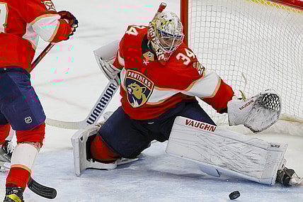 Apr 6, 2023; Sunrise, Florida, USA;Florida Panthers goaltender Alex Lyon (34) makes a save during the third period against the Ottawa Senators at FLA Live Arena. Mandatory Credit: Sam Navarro-USA TODAY Sports