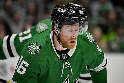 Apr 6, 2023; Dallas, Texas, USA; Dallas Stars center Joe Pavelski (16) waits for the face against the Philadelphia Flyers in the Stars zone during the third period at the American Airlines Center. Mandatory Credit: Jerome Miron-USA TODAY Sports